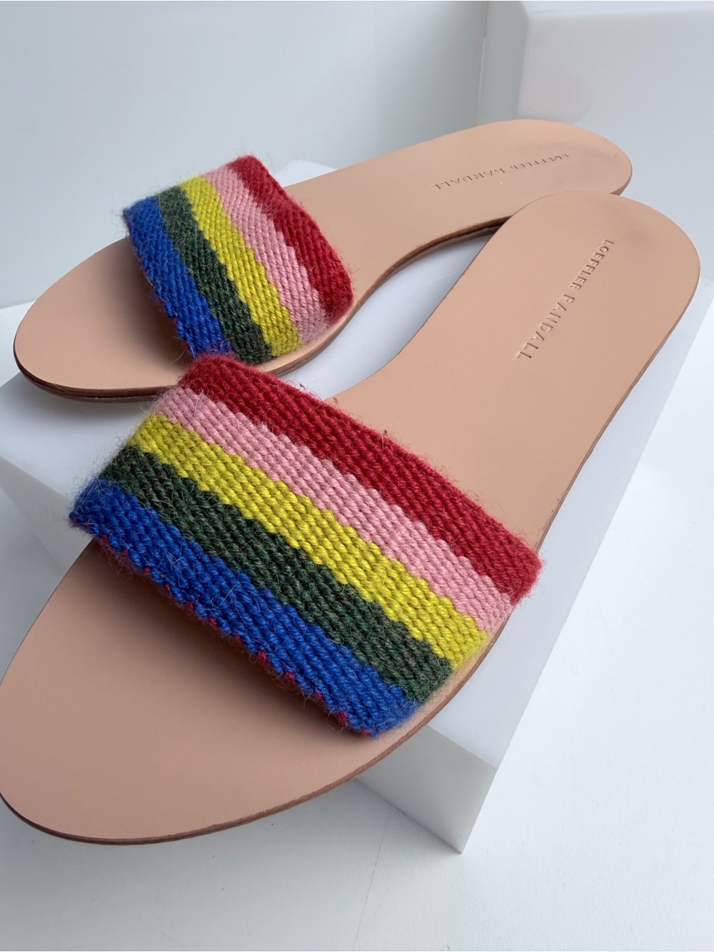 Loeffler Randall Stella Plank Slide Sandals Size 7 Rainbow Pattern Print